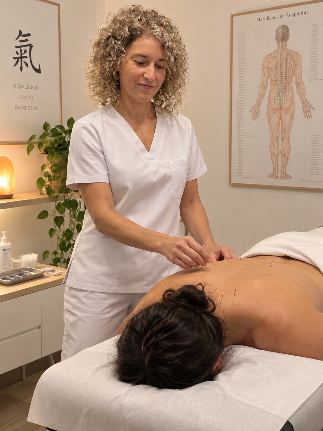 La Dra. Judith Palacios realizando una sesión de Acupuntura Médica en Bilbao